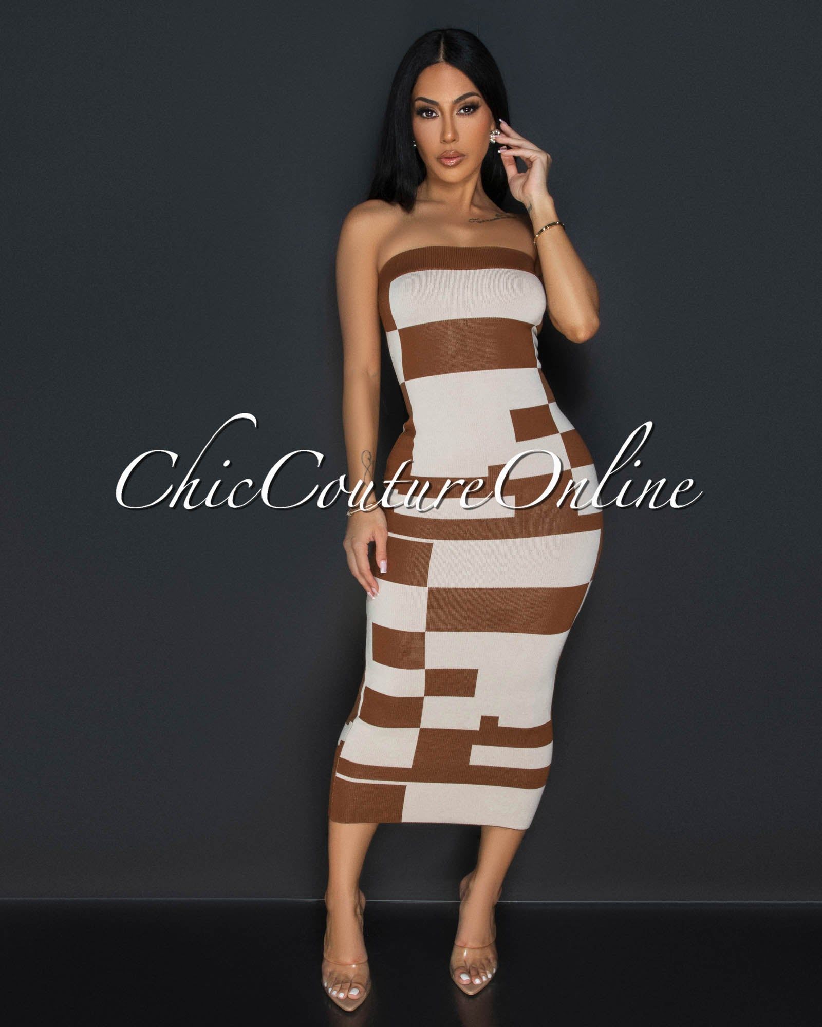 Noelani Brown Beige Geometric Print Tube Midi Dress sold by Chic Couture