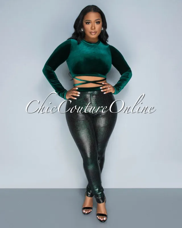 Barnet Hunter Green Velvet Crop Top & Sequins Leggings Set sold by Chic Couture
