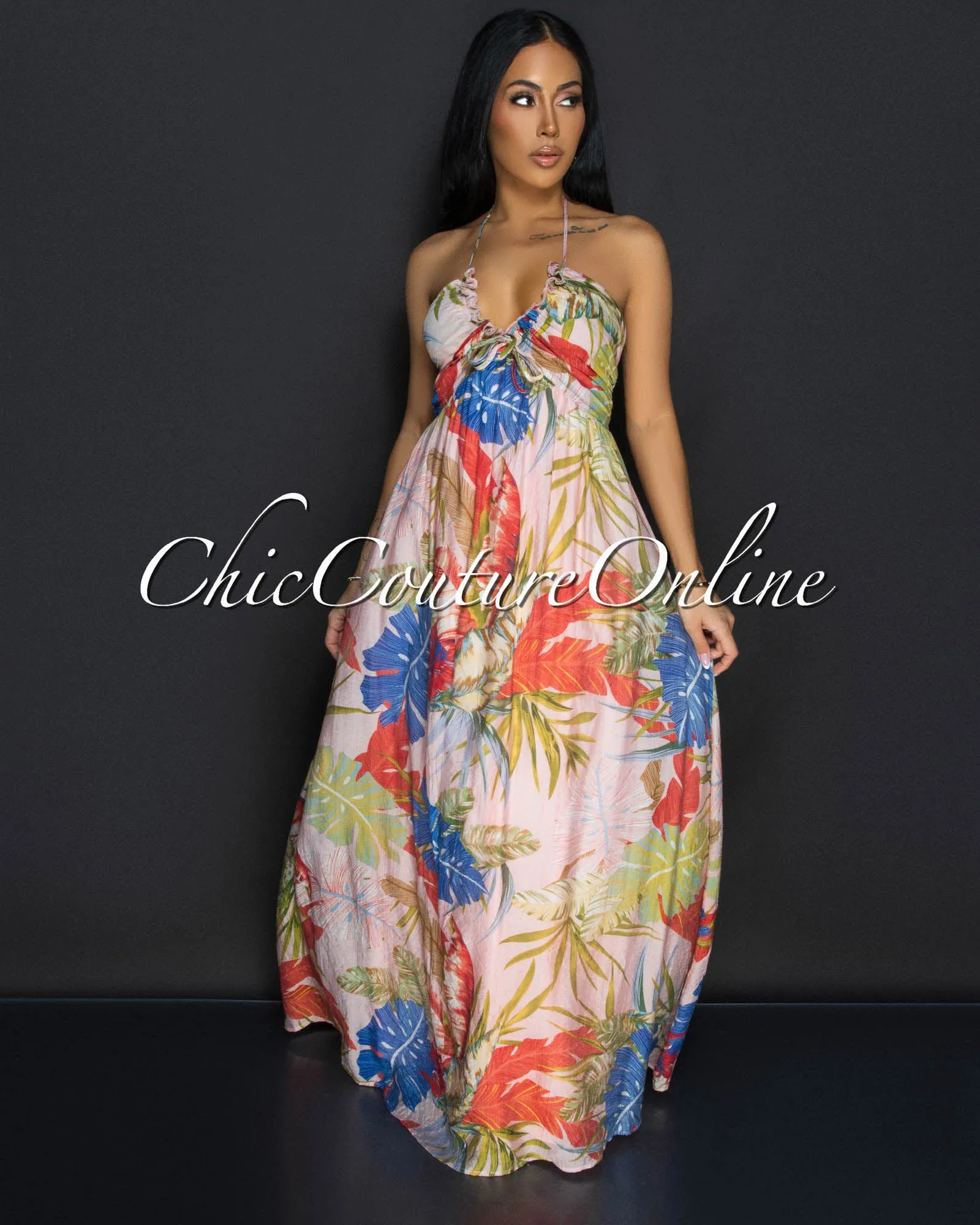 Tomiko Pink Multi Floral Halter Maxi Dress sold by Chic Couture