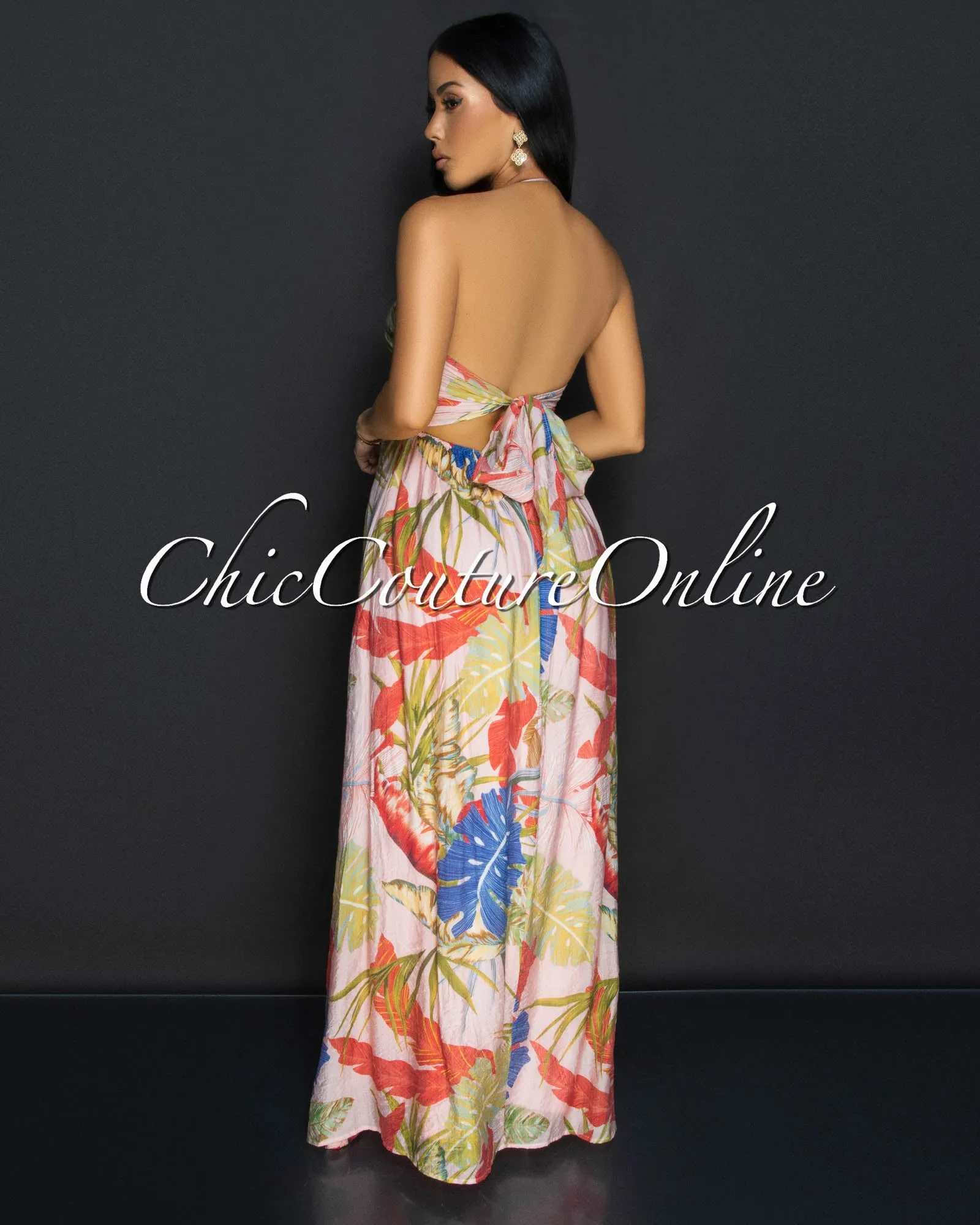 Tomiko Pink Multi Floral Halter Maxi Dress sold by Chic Couture product image thumbnail 4