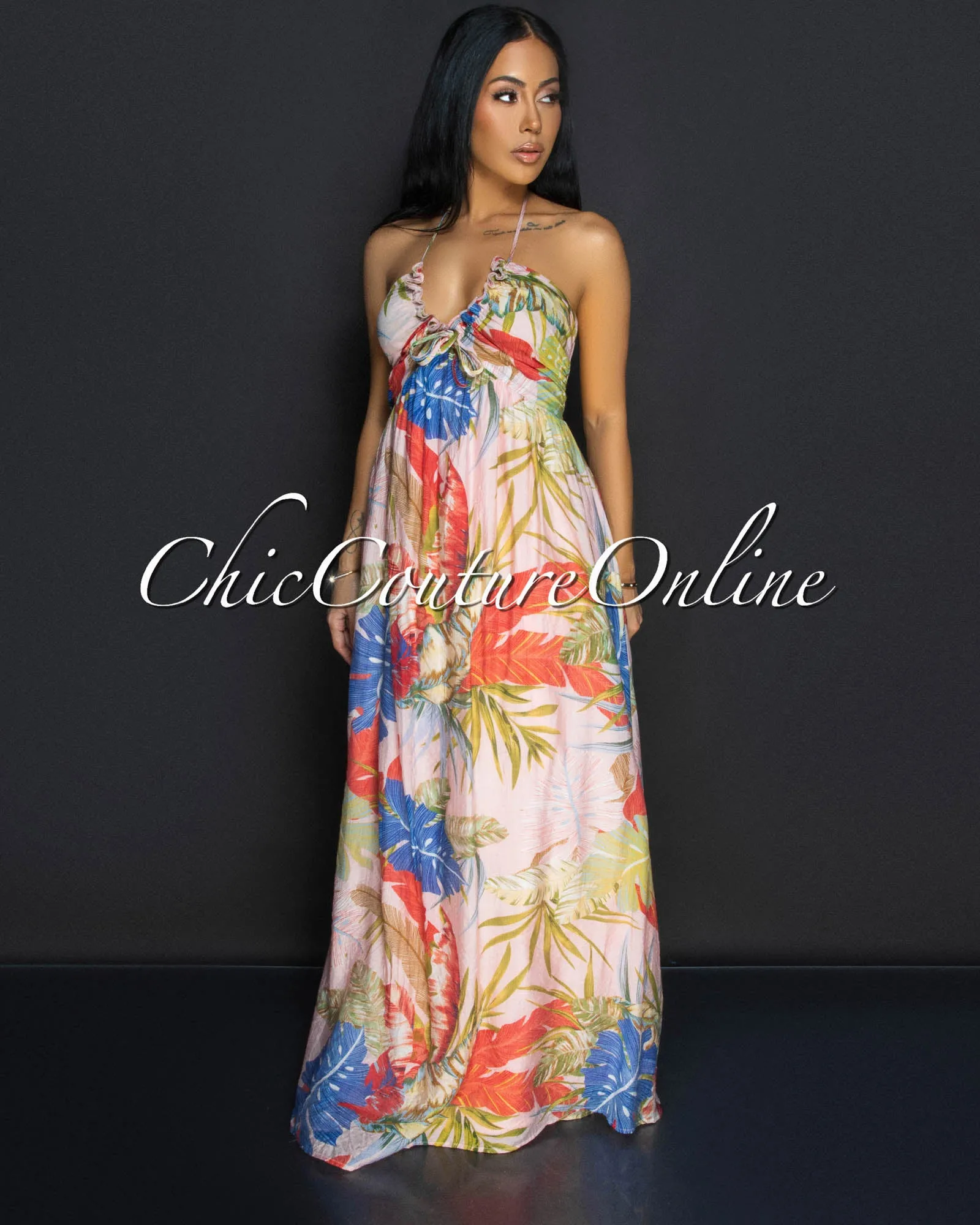 Tomiko Pink Multi Floral Halter Maxi Dress sold by Chic Couture product image thumbnail 3