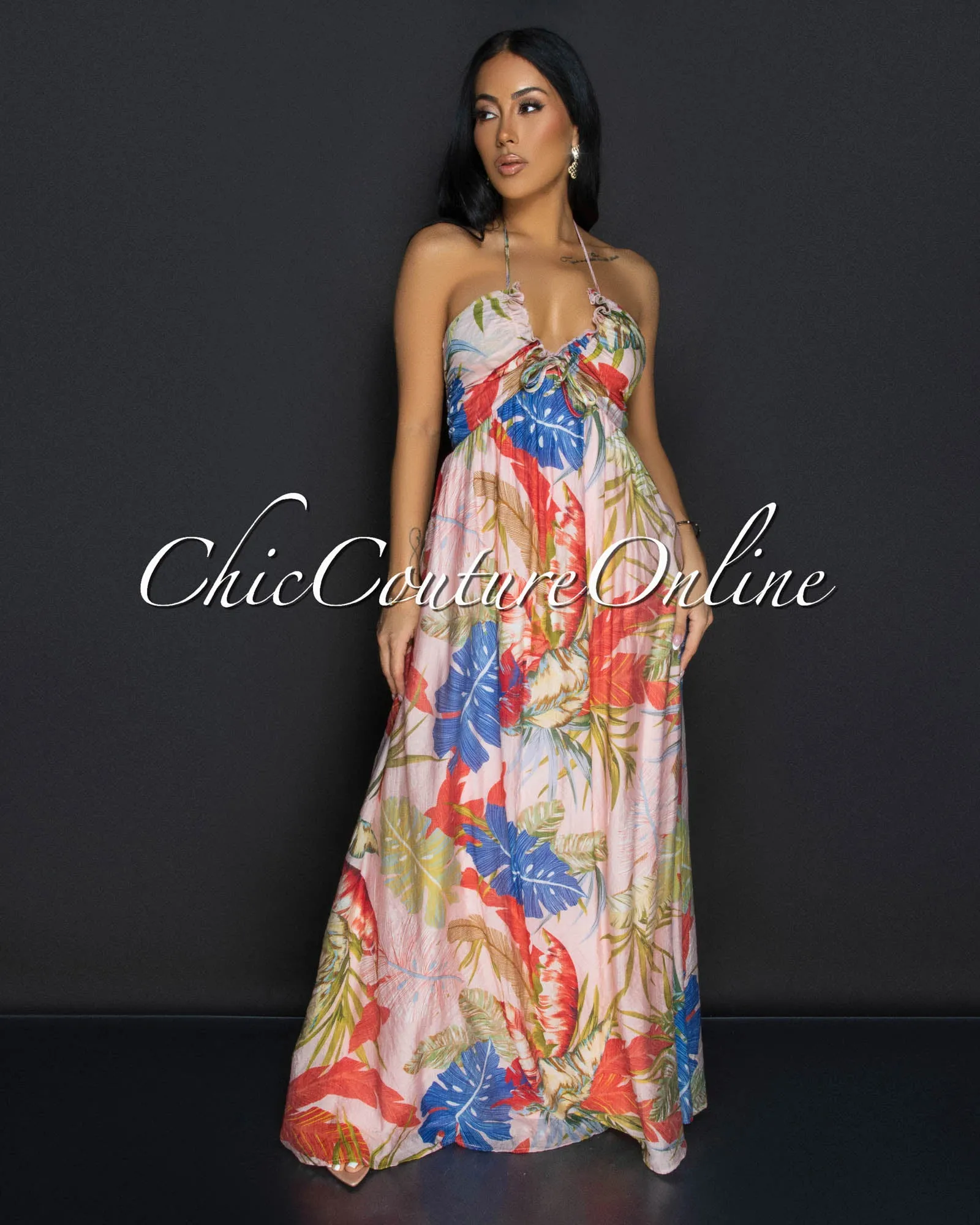 Tomiko Pink Multi Floral Halter Maxi Dress sold by Chic Couture product image thumbnail 2