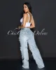 Rafine Light Blue Denim Rhinestones Cargo Jeans sold by Chic Couture