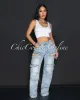Rafine Light Blue Denim Rhinestones Cargo Jeans sold by Chic Couture