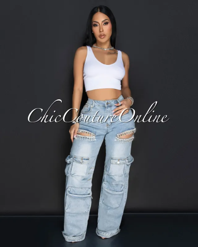 Rafine Light Blue Denim Rhinestones Cargo Jeans sold by Chic Couture