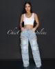 Rafine Light Blue Denim Rhinestones Cargo Jeans sold by Chic Couture