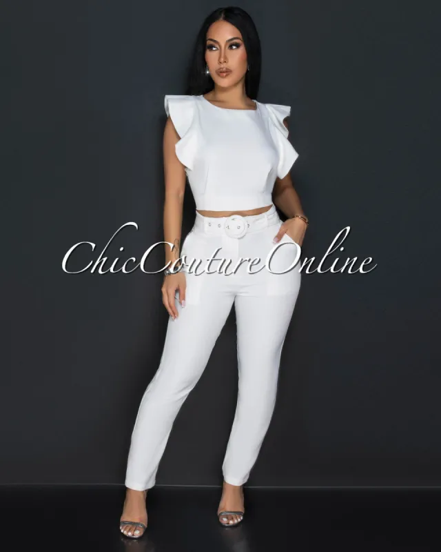 Noni White Ruffle Crop Top & Belted Pants Set sold by Chic Couture