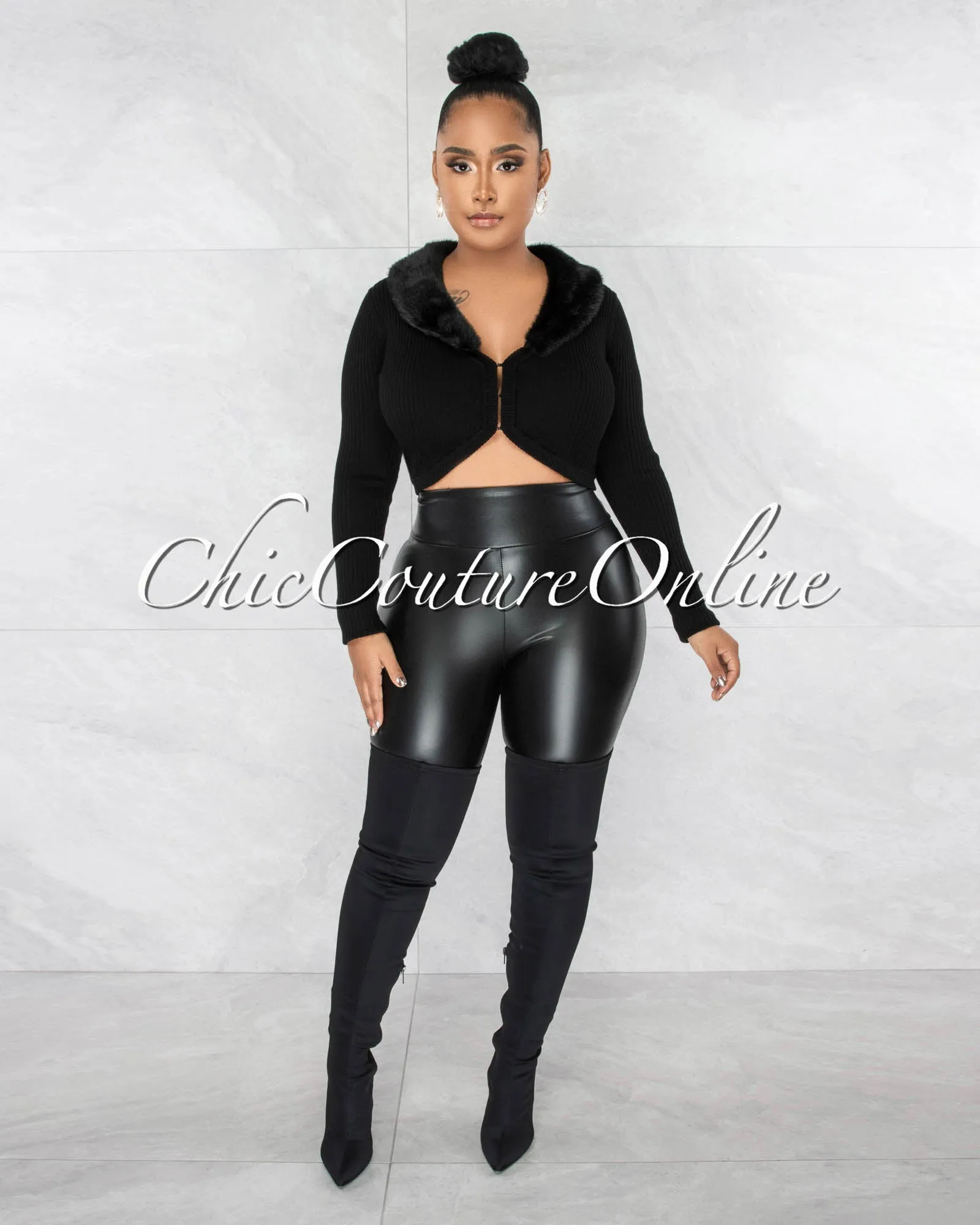 *Coraly Black Removable Faux Fur Neckline Crop Top sold by Chic Couture product image thumbnail 2