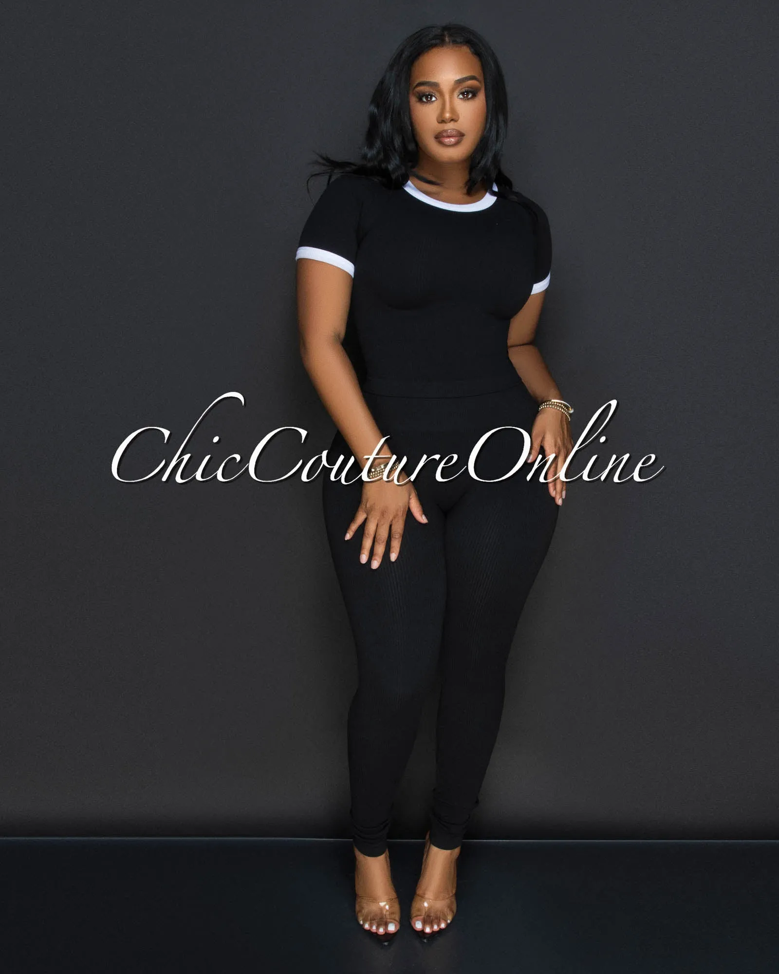 Sharana Black White Trim Crop Top & Leggings Ribbed Sculpting Set sold by Chic Couture product image thumbnail 2