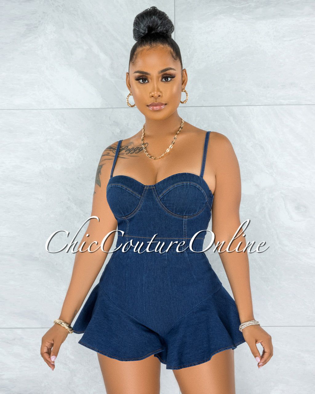 Ossie Dark Denim Ruffle Shorts Set sold by chic