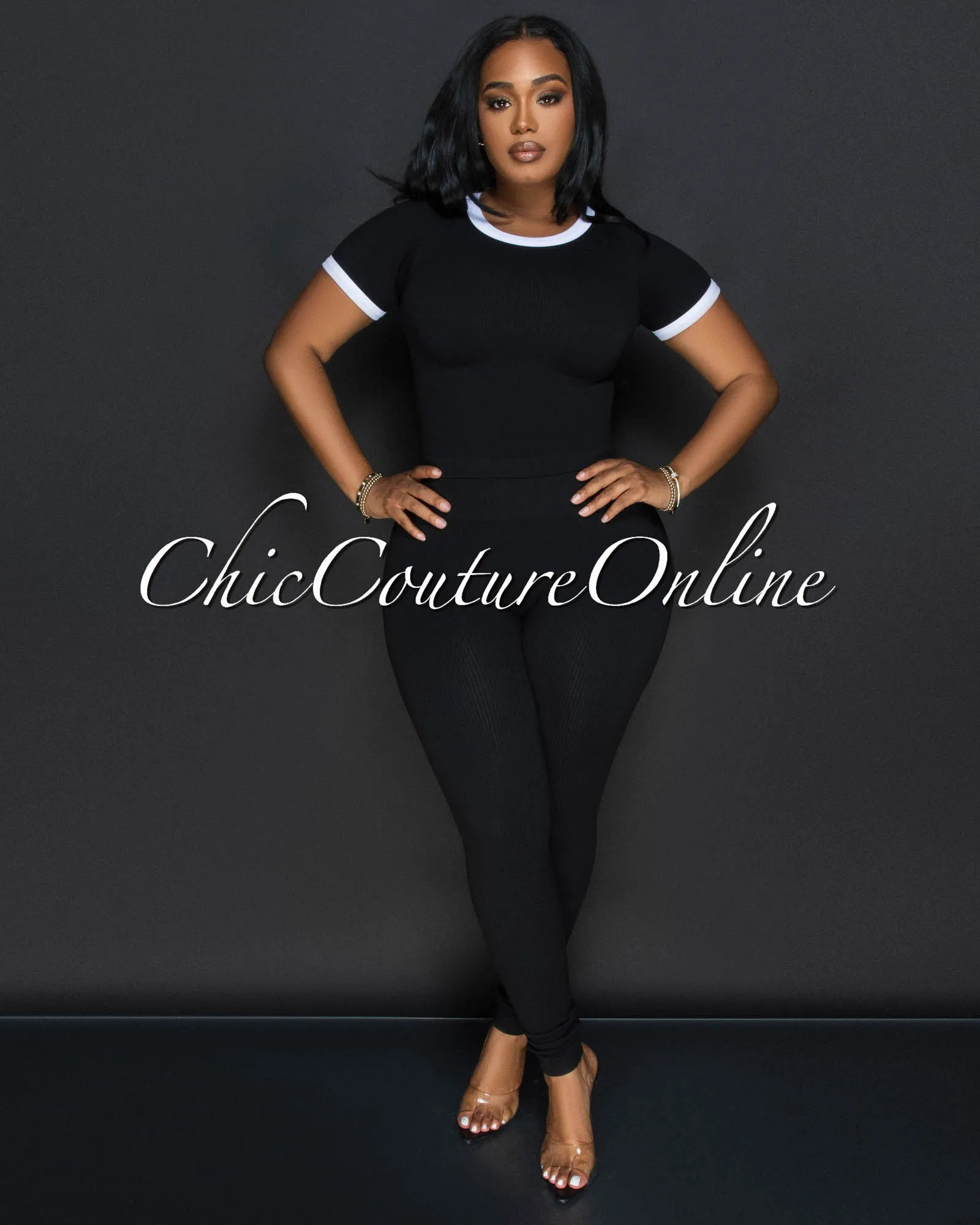 Sharana Black White Trim Crop Top & Leggings Ribbed Sculpting Set sold by Chic Couture