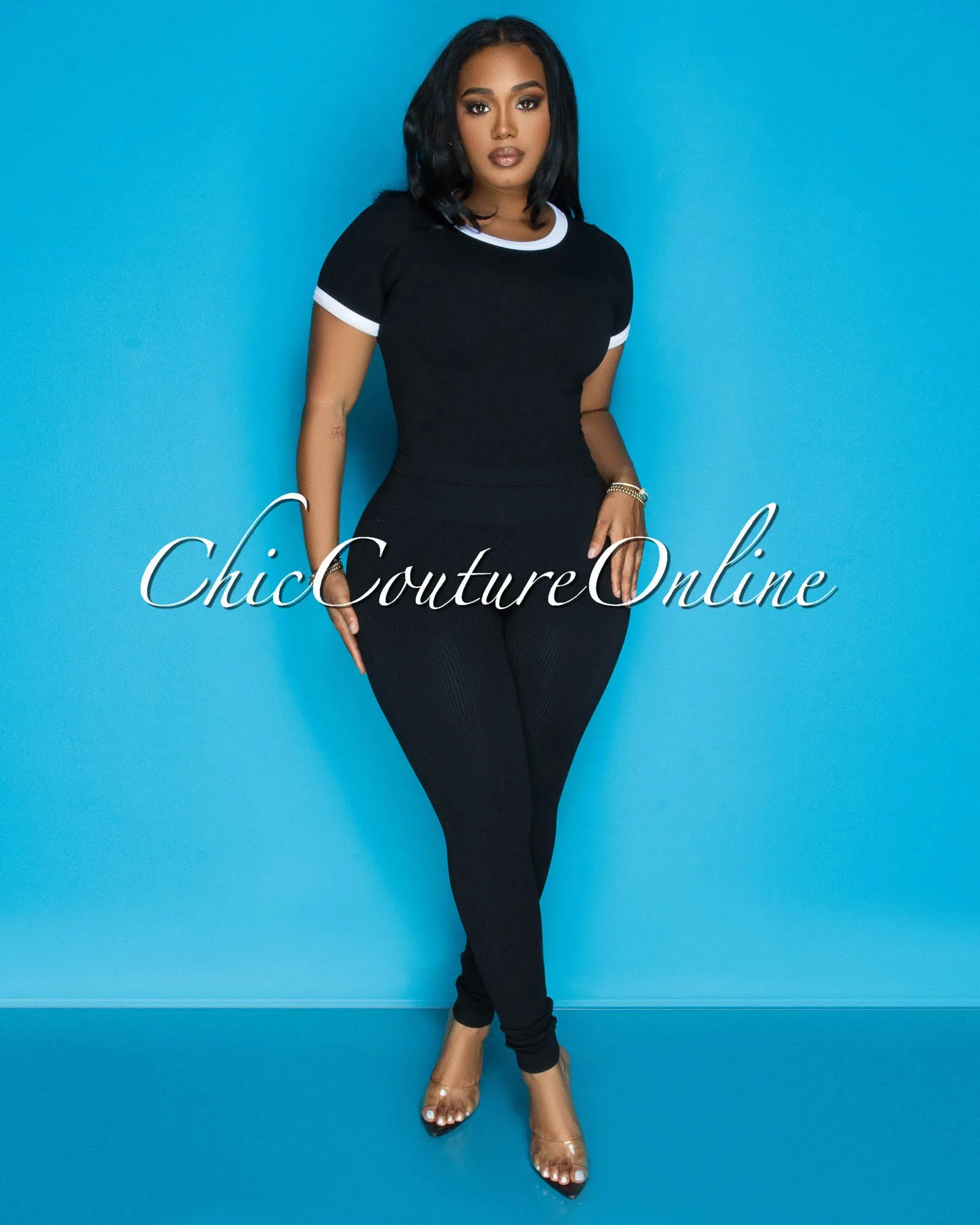Sharana Black White Trim Crop Top & Leggings Ribbed Sculpting Set sold by Chic Couture product image thumbnail 4