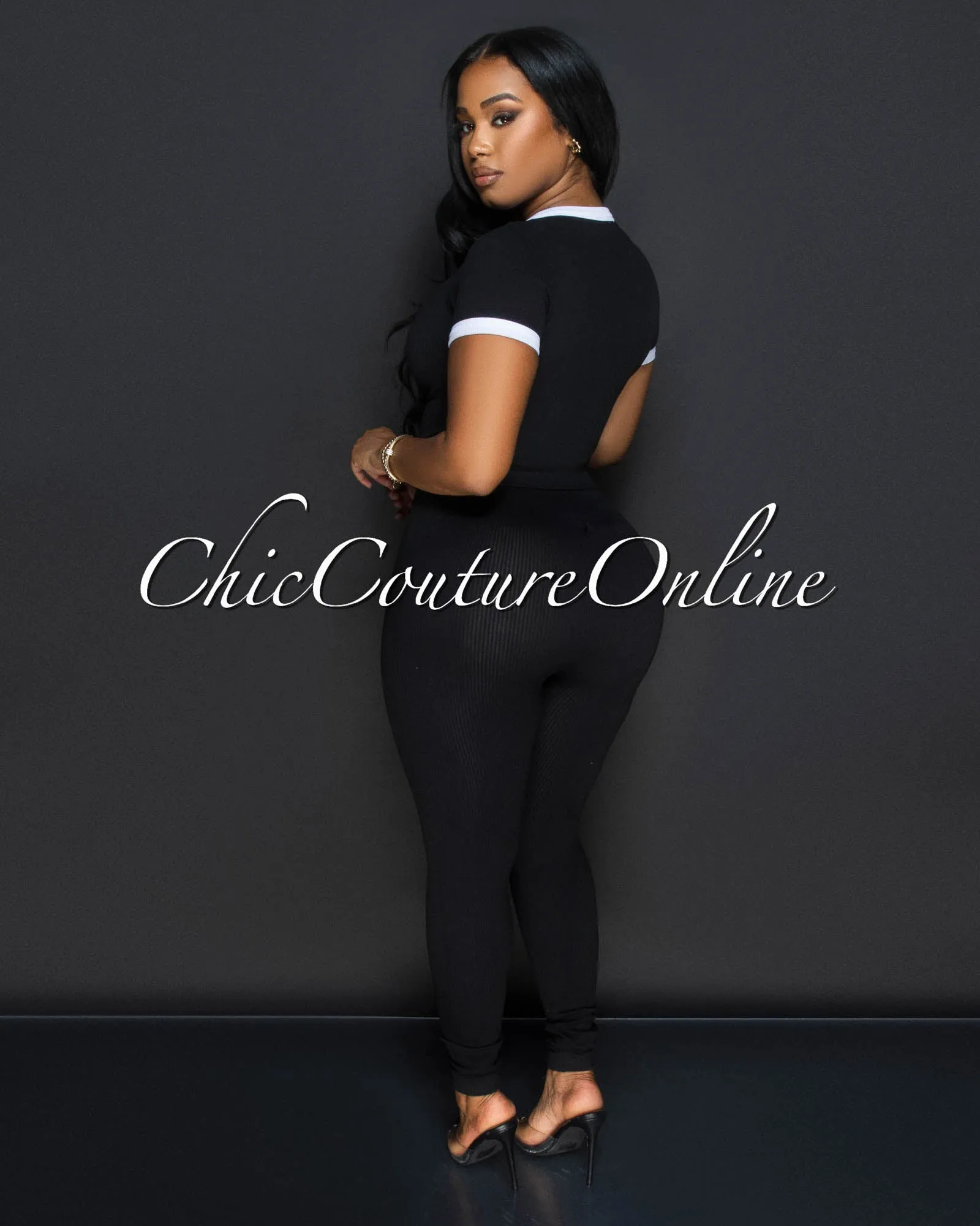 Sharana Black White Trim Crop Top & Leggings Ribbed Sculpting Set sold by Chic Couture product image thumbnail 3