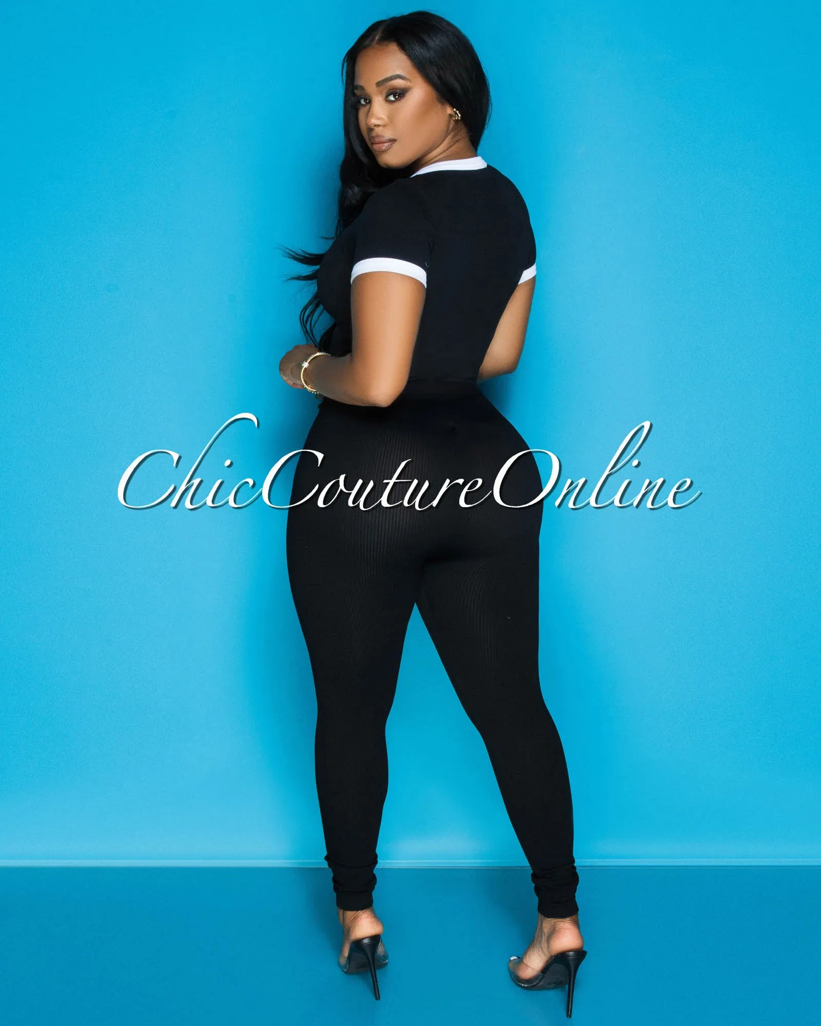 Sharana Black White Trim Crop Top & Leggings Ribbed Sculpting Set sold by Chic Couture product image thumbnail 5