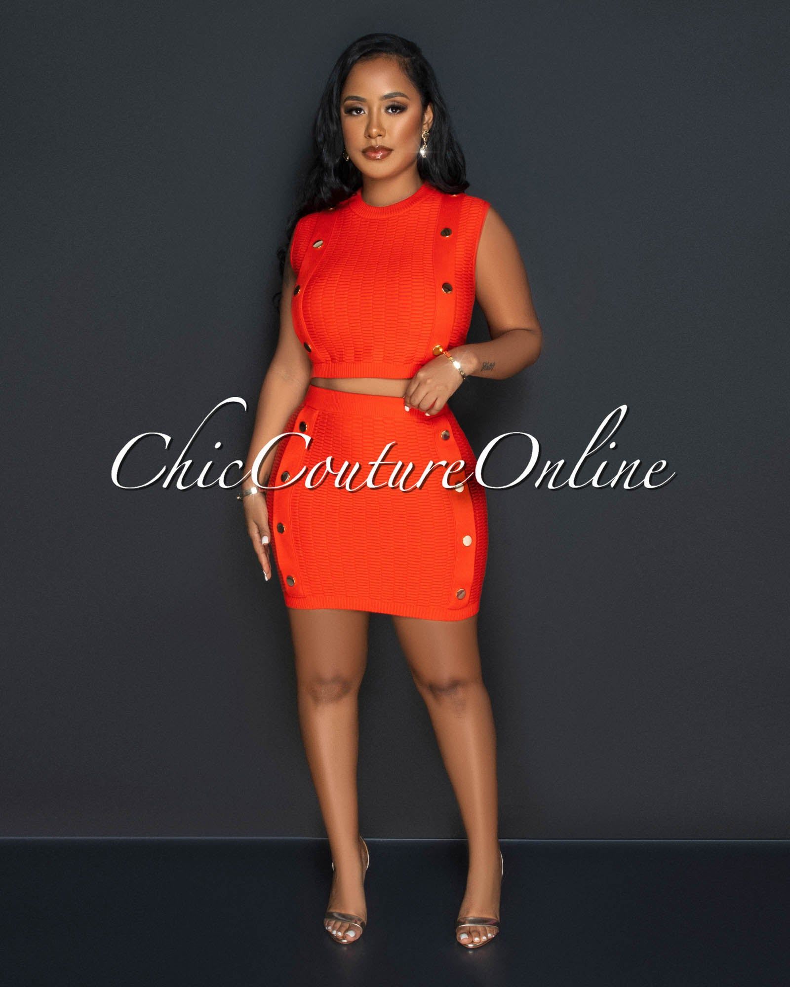 Kera Orange Gold Buttons Crop Top & Mini Skirt Ribbed Set sold by Chic Couture