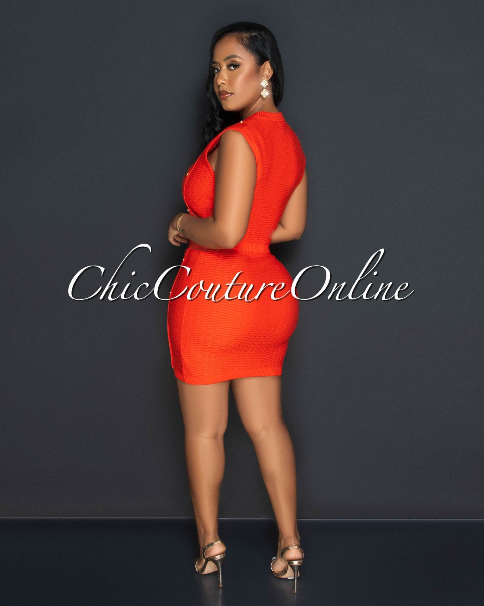 Kera Orange Gold Buttons Crop Top & Mini Skirt Ribbed Set sold by Chic Couture product image thumbnail 3