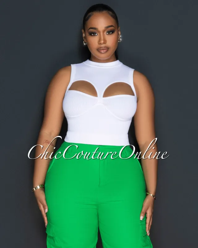 Ginette White Bust Key-Holes Ribbed Crop Top sold by Chic Couture