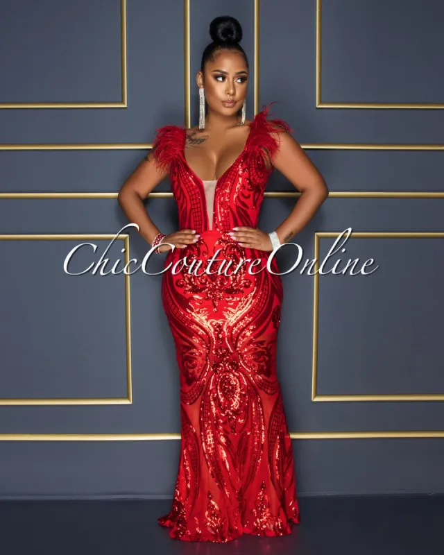 Francesca Red Sequins Feather Shoulders Maxi Dress sold by chic