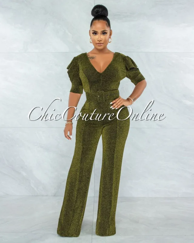 Venus Black Gold Shimmer Ruffle Sleeves Belted Jumpsuit sold by chic