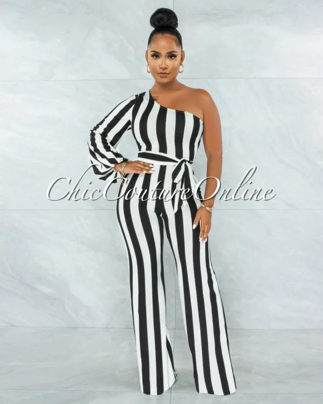 Humberta Black White Stripes Single Shoulder Jumpsuit sold by chic