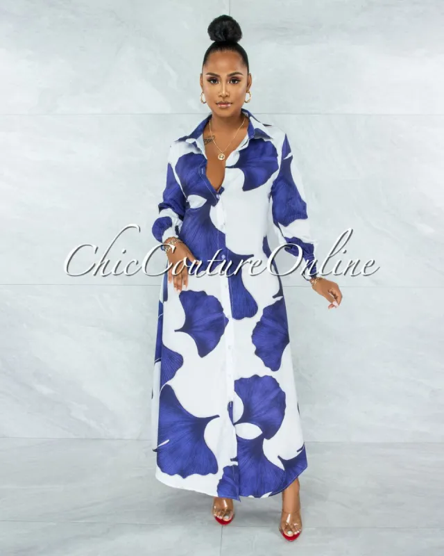 Zoey White Blue Print Long Shirt Dress sold by chic