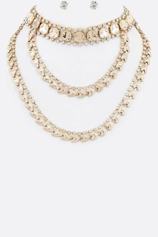 Dahlia Gold Rhinestone Accent Statement Collar Necklace sold by Chic Couture