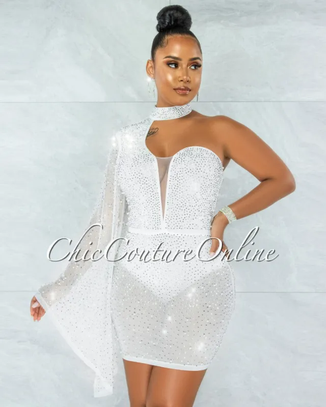 *Iriana White Rhinestones & Pearls Single Sleeve Mini Dress sold by Chic Couture