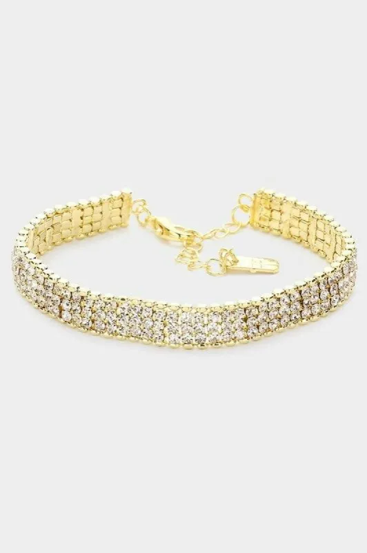 Siri Gold 3 Rows Rhinestone Evening Bracelet sold by Chic Couture