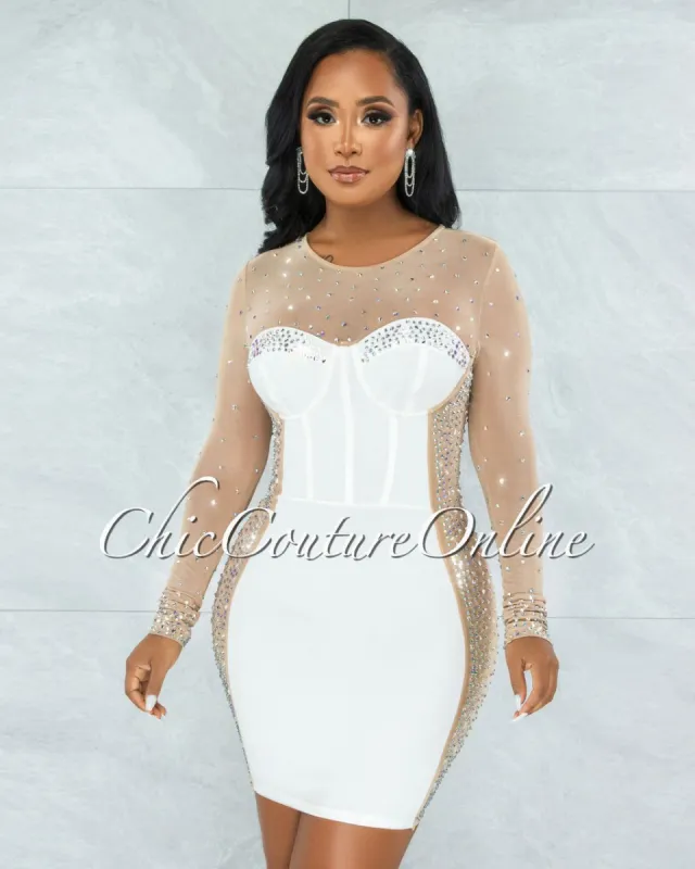 *Marlene Off-White Nude Iridescent Rhinestones Accents Dress sold by Chic Couture
