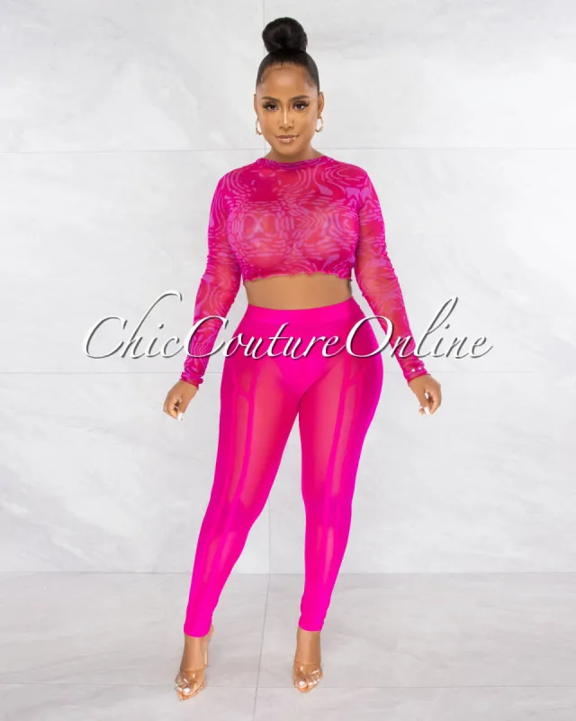 *Mushira Fuchsia Tie-Dye Sheer Crop Top & Mesh Leggings Set sold by Chic Couture