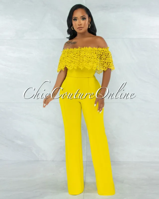 *Amaretto Lime Off-The Shoulder Crochet Top Jumpsuit sold by Chic Couture