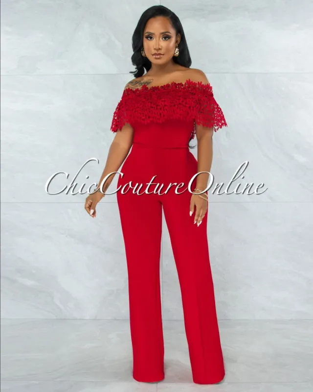 *Amaretto Rustic Red Off-The Shoulder Crochet Top Jumpsuit sold by Chic Couture