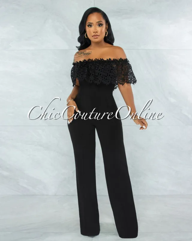 *Amaretto Black Off-The Shoulder Crochet Top Jumpsuit sold by Chic Couture