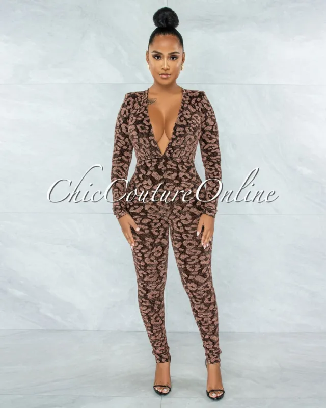*Fraser Black Bronze Shimmer Leopard Print Jumpsuit sold by chic