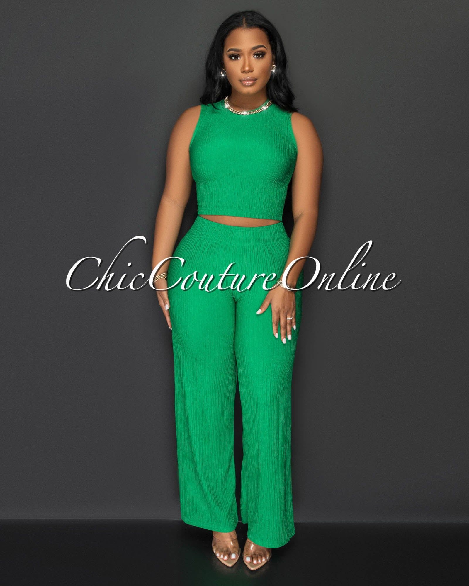 Katye Emerald Green Front Crop Top & Wide Pants Textured Set sold by Chic Couture product image thumbnail 2