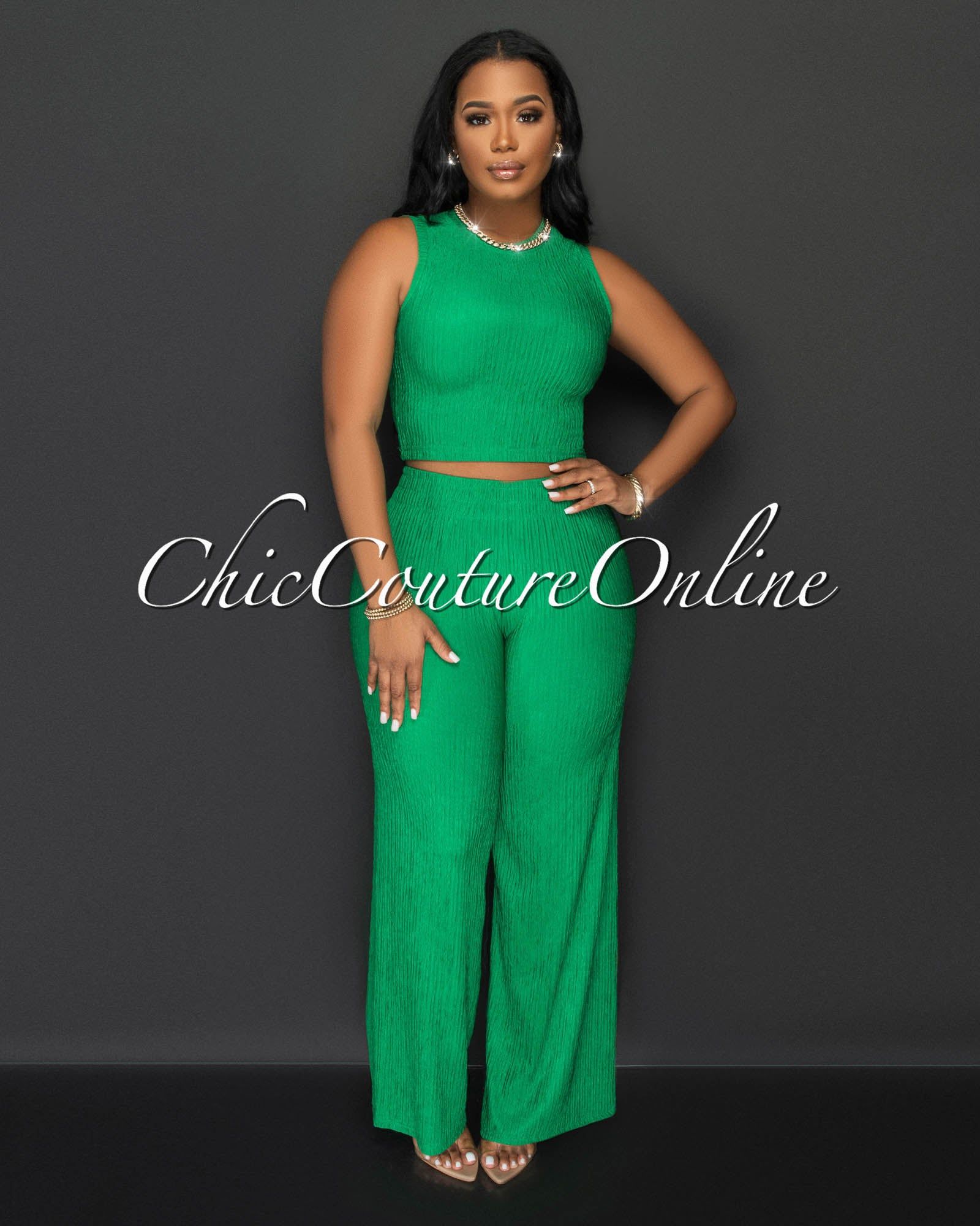 Katye Emerald Green Front Crop Top & Wide Pants Textured Set sold by Chic Couture