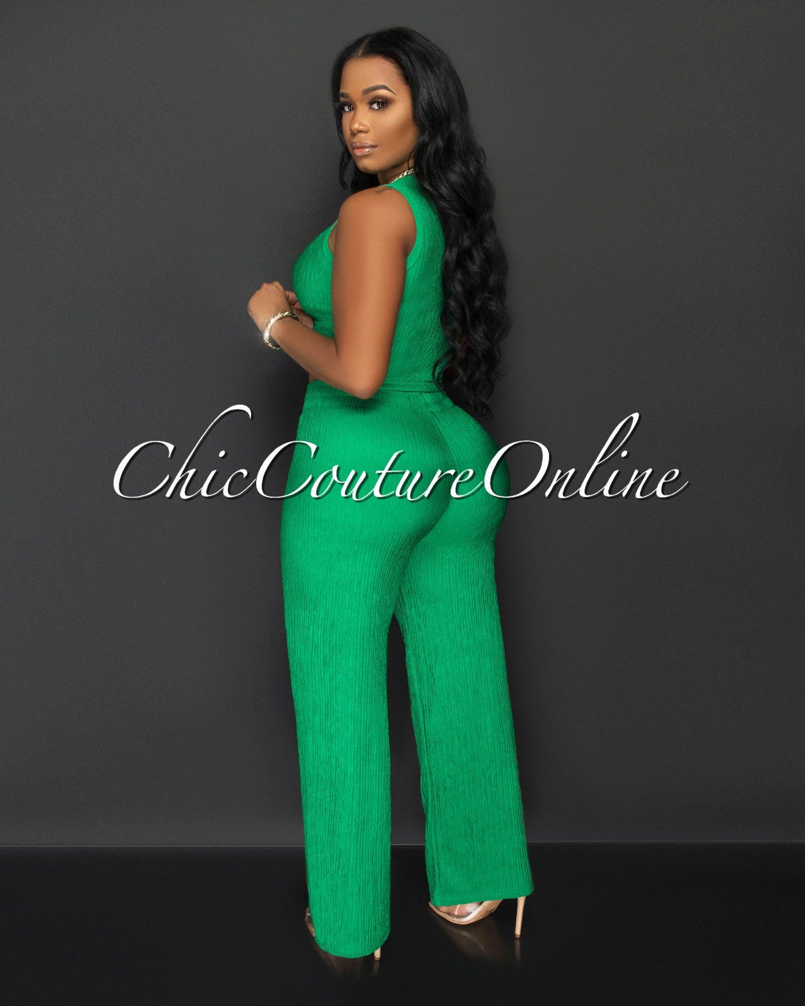 Katye Emerald Green Front Crop Top & Wide Pants Textured Set sold by Chic Couture product image thumbnail 3