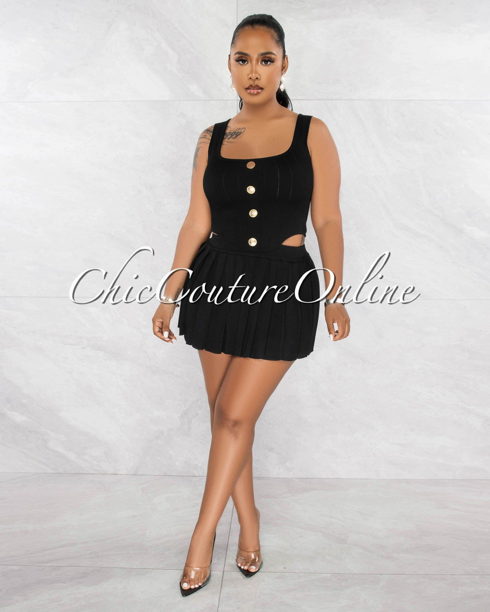 Gidney Black Gold Buttons Top & Mini Pleated Skirt Knit Set sold by Chic Couture product image thumbnail 2