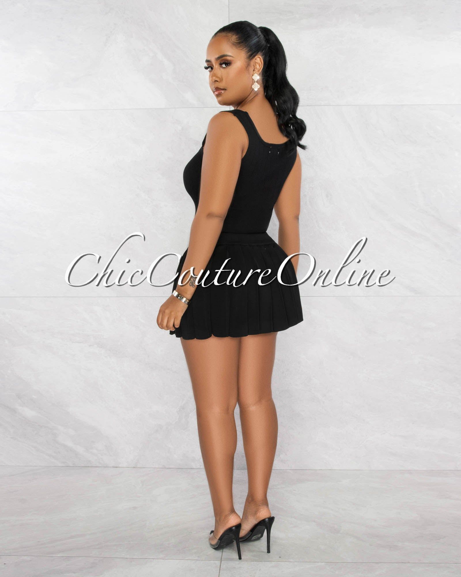 Gidney Black Gold Buttons Top & Mini Pleated Skirt Knit Set sold by Chic Couture product image thumbnail 3