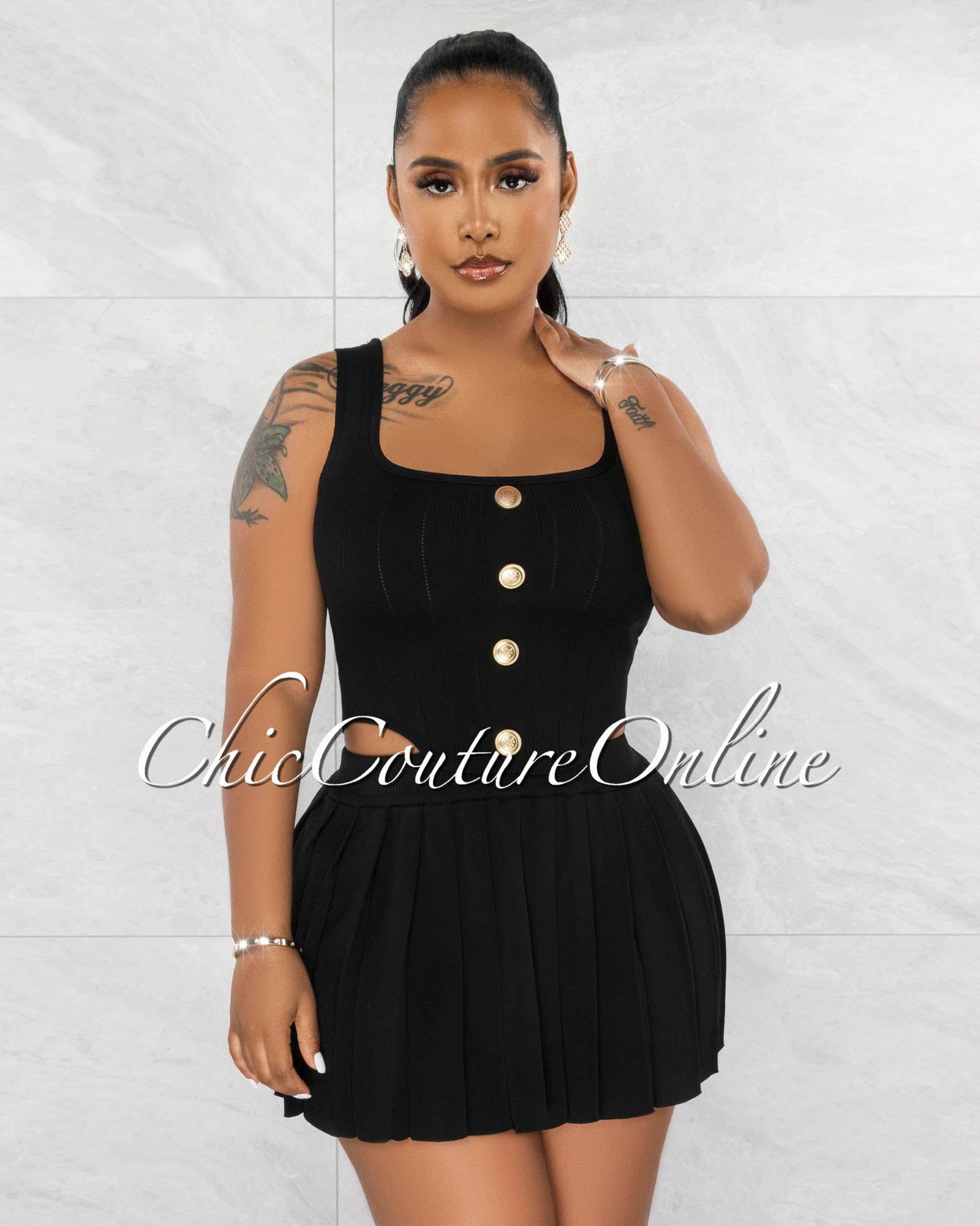 Gidney Black Gold Buttons Top & Mini Pleated Skirt Knit Set sold by Chic Couture