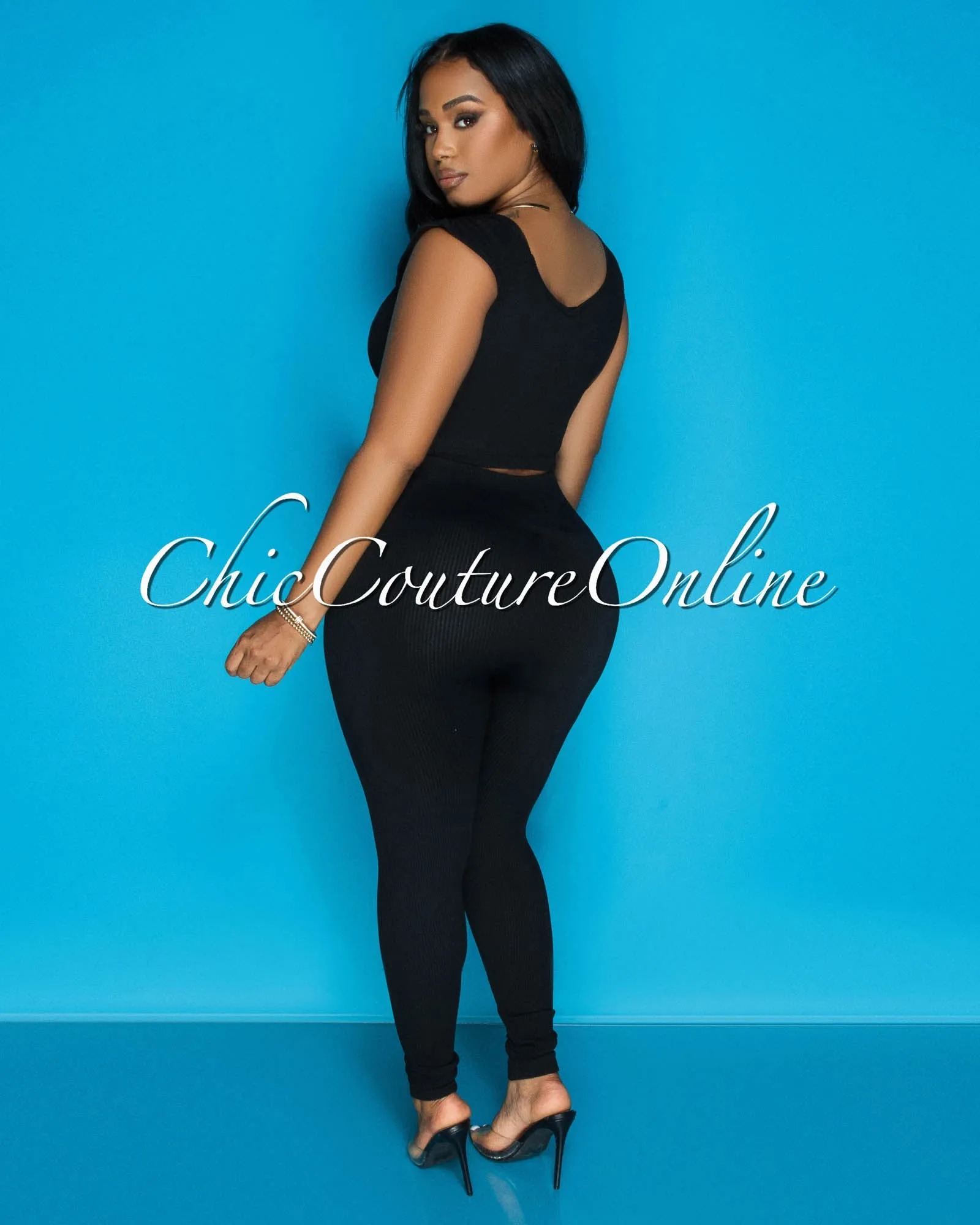Benice Black Crop Top & Leggings Ribbed Sculpting Set sold by Chic Couture product image thumbnail 5