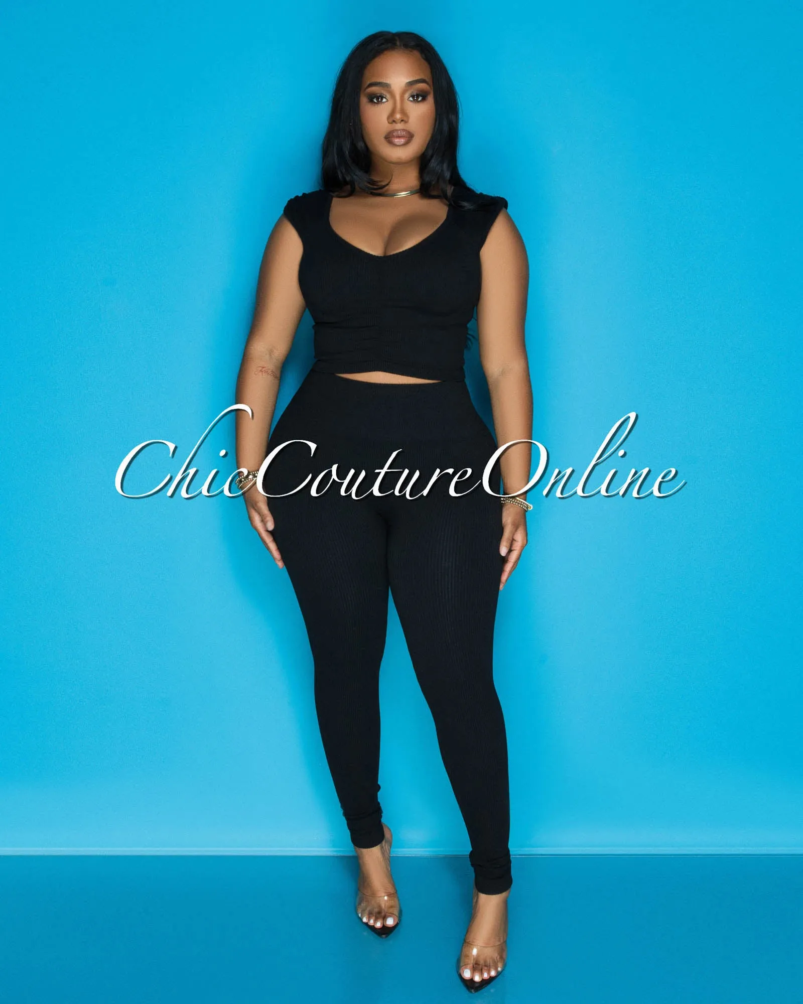Benice Black Crop Top & Leggings Ribbed Sculpting Set sold by Chic Couture product image thumbnail 3
