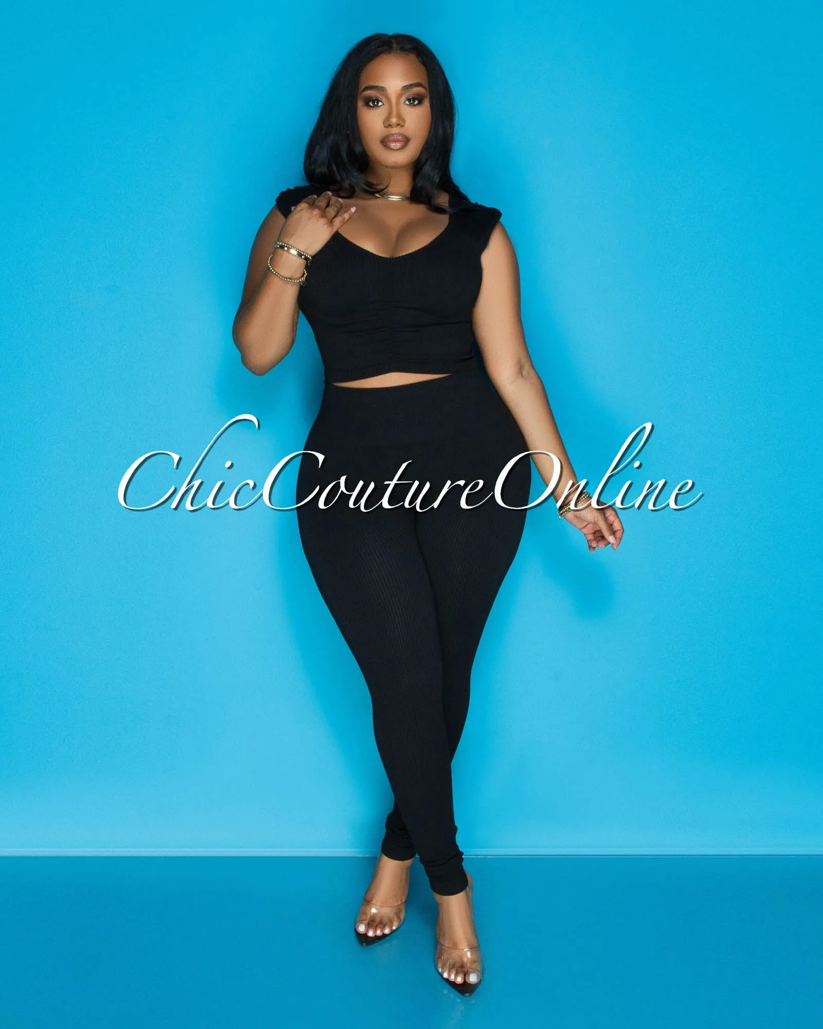 Benice Black Crop Top & Leggings Ribbed Sculpting Set sold by Chic Couture product image thumbnail 4