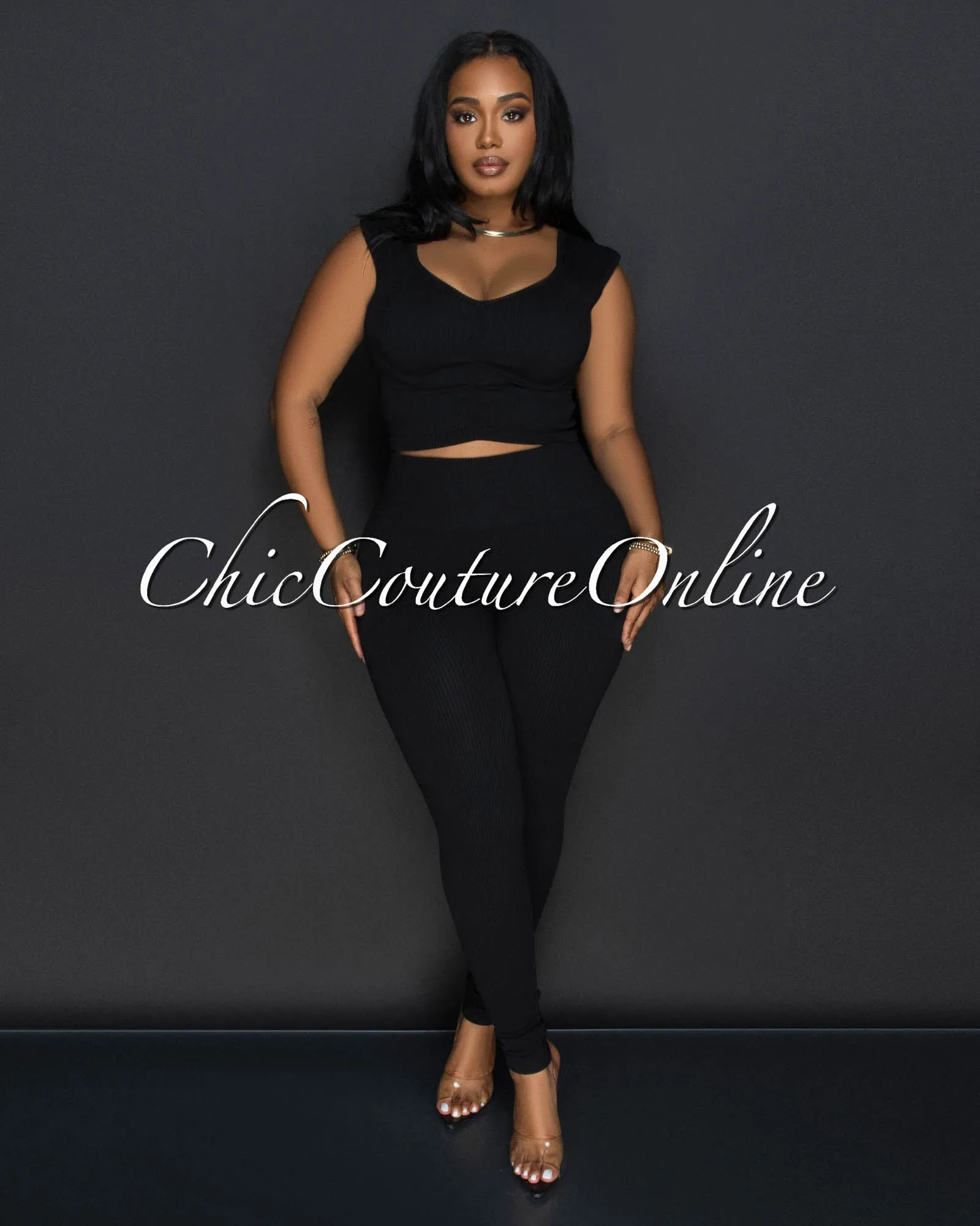 Benice Black Crop Top & Leggings Ribbed Sculpting Set sold by Chic Couture
