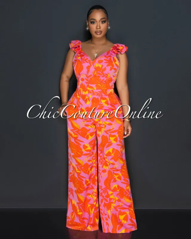 *Clay Pink Orange Ruffle Sleeves Crop Top & Wide Pants Set sold by Chic Couture