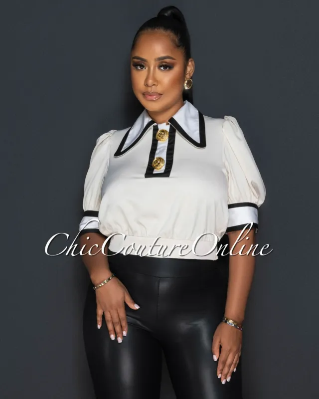 Reverie Beige Black White Gold Accent Collared Top sold by Chic Couture
