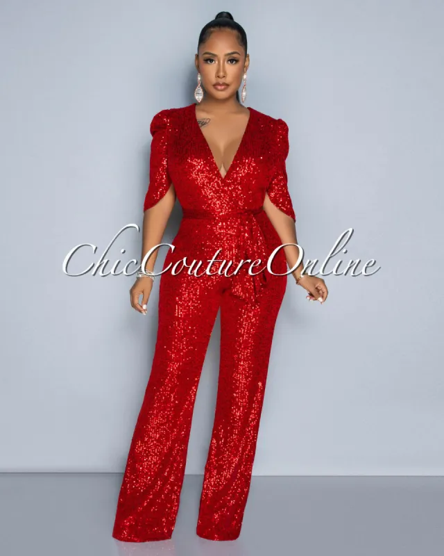 *Mellie Red Sequins Bubble Sleeves Jumpsuit sold by Chic Couture