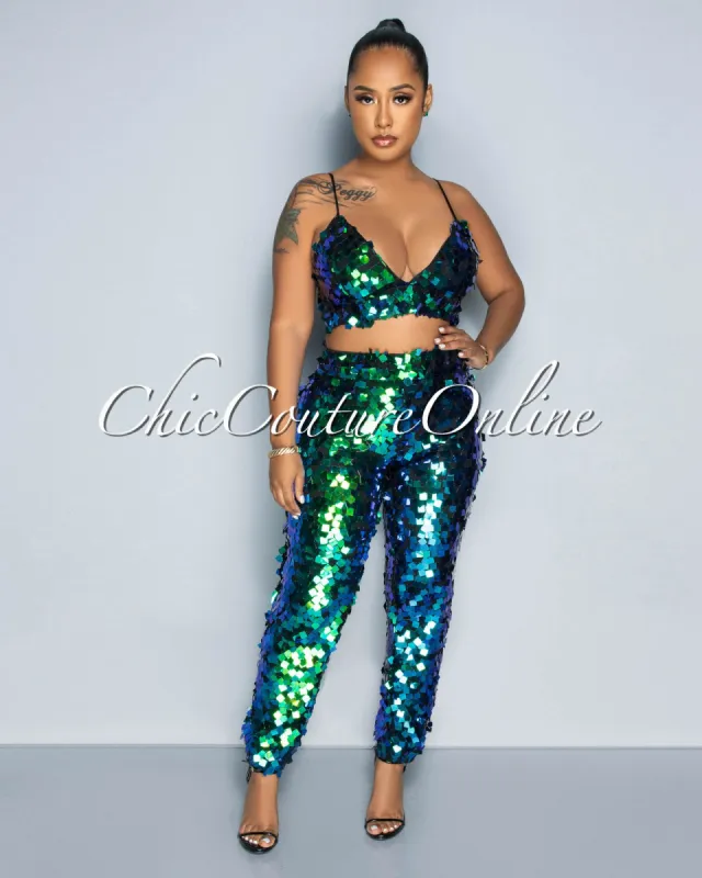 *Tensi Black Iridescent Sequins Crop Top & Pants Set sold by Chic Couture