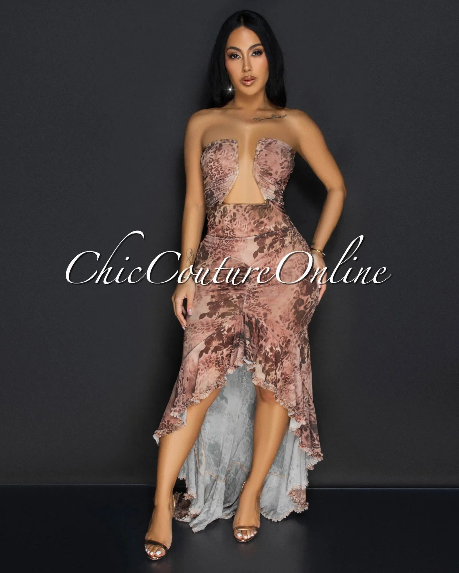 Abiona Mesh Ruffle Strapless Dress sold by Chic Couture