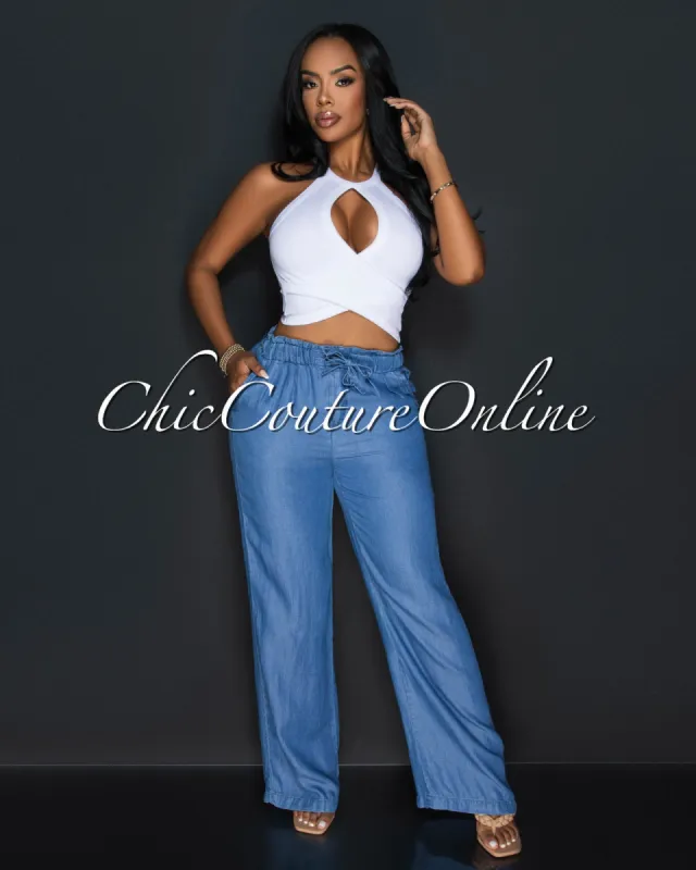 Massima Medium Blue Chambray Wide Pants sold by Chic Couture